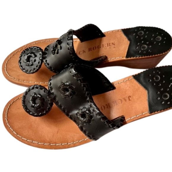 Jack Rogers Wedge Low Heel Sandals - Black Leather - 6M - Picture 3 of 11